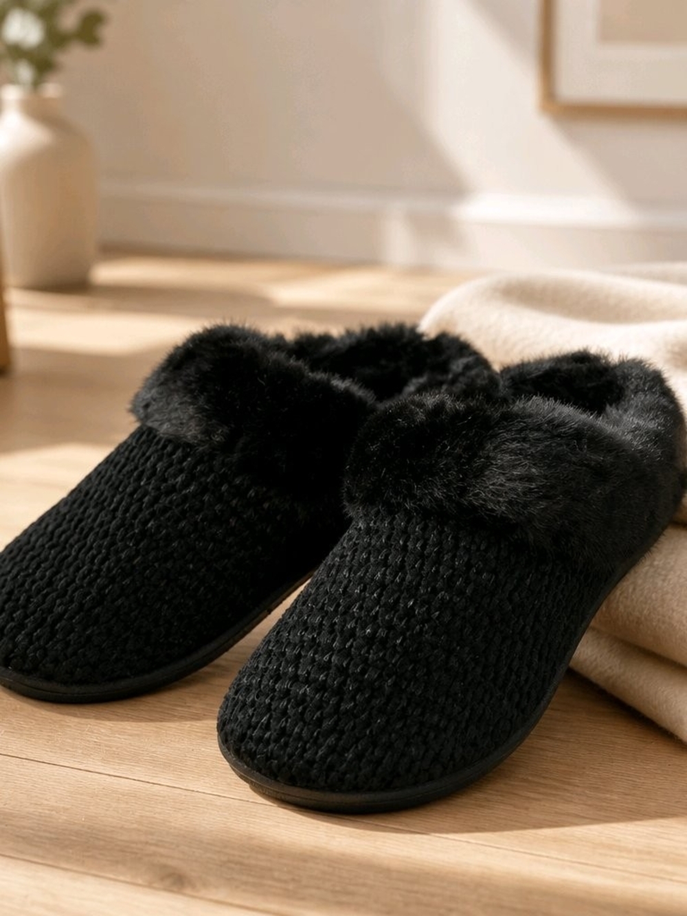 Cozy Plush-Lined Knit Clog House Shoes - Black #718